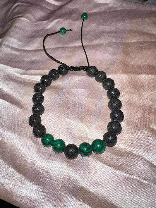Black Lava Stone & Green Malachite Drawstring Bracelet